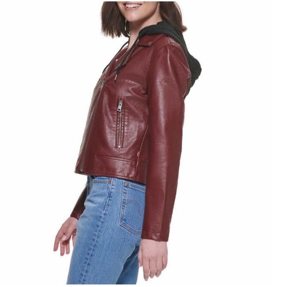 NWT Levi's Ladies Faux Leather Moto Hooded Jacket RED - size L - Picture 4 of 5